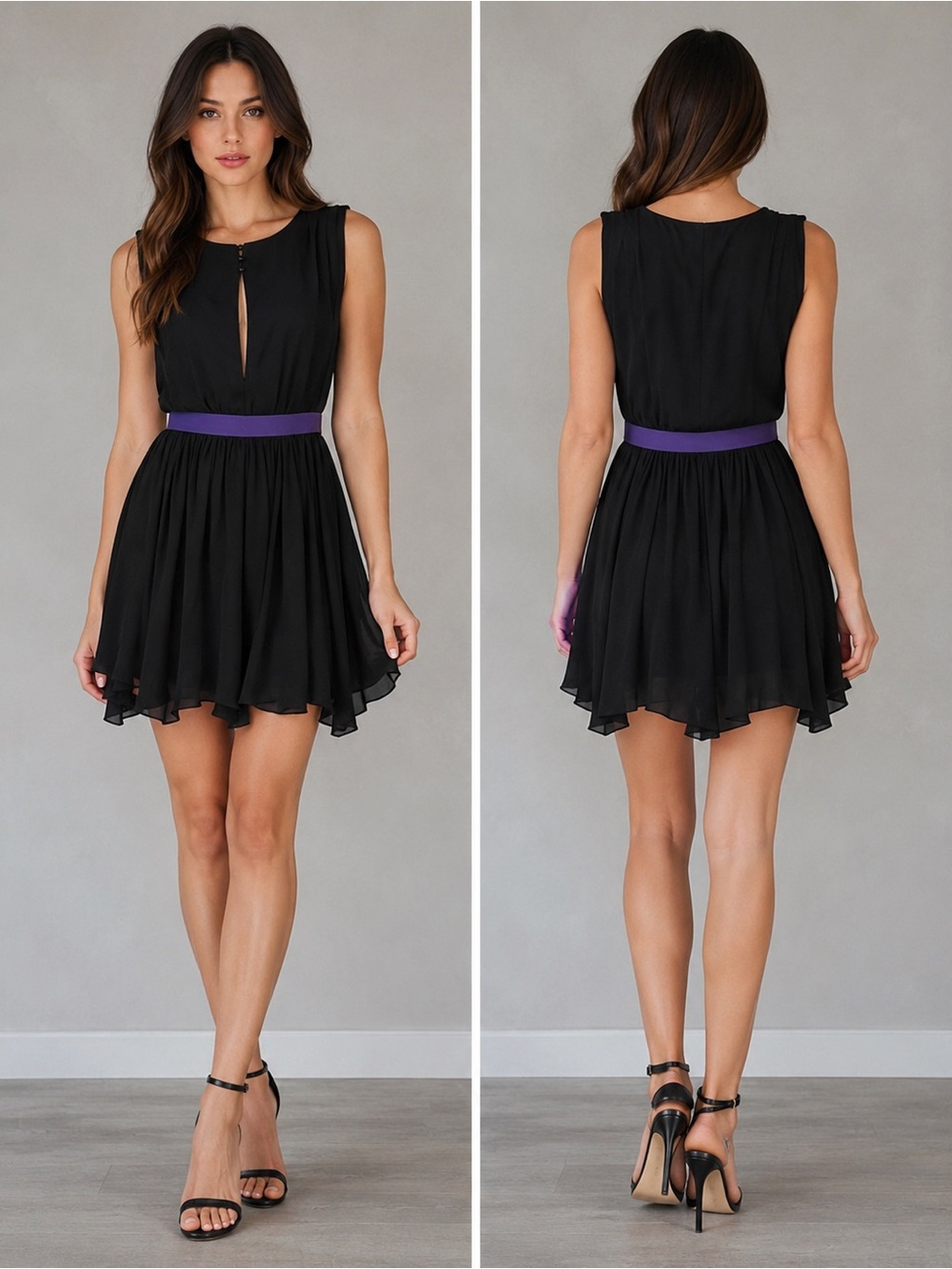 Alexander Wang Pleated Mini Dress Black Purple Silk Waist Size 2